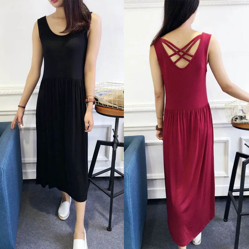 

2018 Spring And Summer New Style Modal Sleeveless Dress Women's Backless Waist Hugging Large Size Base Long Skirts Vest Skirt