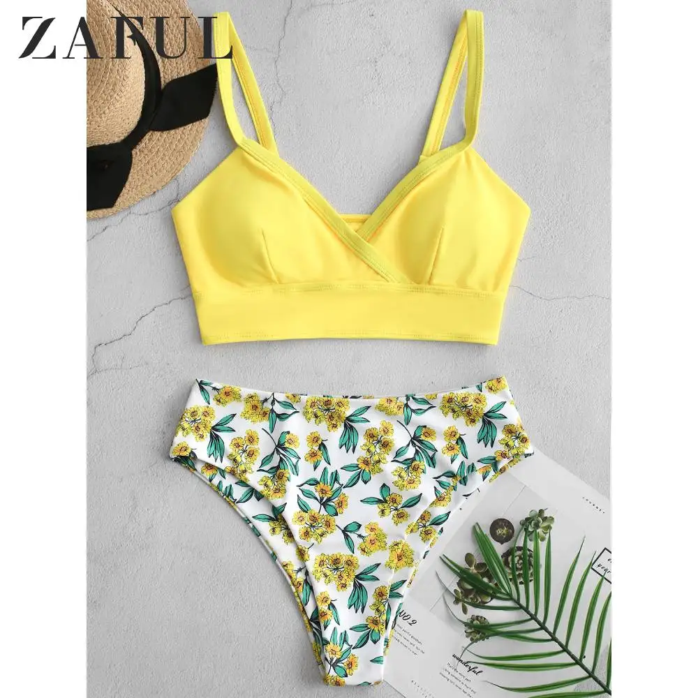 

ZAFUL Bikini Plunge Surplice Floral High Cut Tankini Swimsuit Wire Free Solid Bra and Floral Briefs Sexy Bikini Bathing Suit