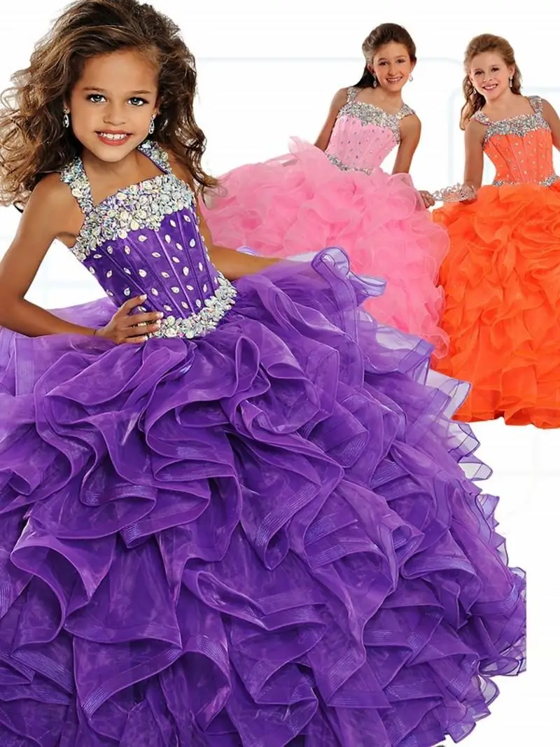

Purple Girls Pageant Dresses Ball Gown Halter Organza Beaded Crystals Long Flower Girl Dresses For Weddings Little Girls