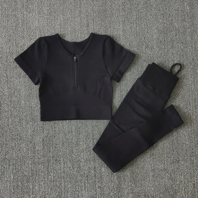 Seamless Women Yoga Set Workout Sportswear Gym Clothing Zipper Long Sleeve High Waist Leggings Fitness Bra Athletic Sports Suits ShirtsPantsBlack