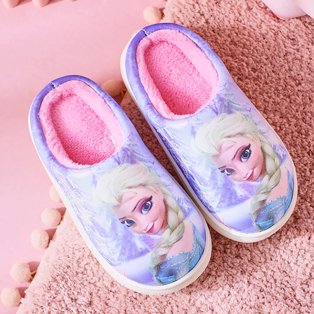 Disney Cartoon Frozen Priness Elsa Girl Kid Home Cotton Slippers For Children Nonslip Indoor Shoes Student Winter Floor Slipper