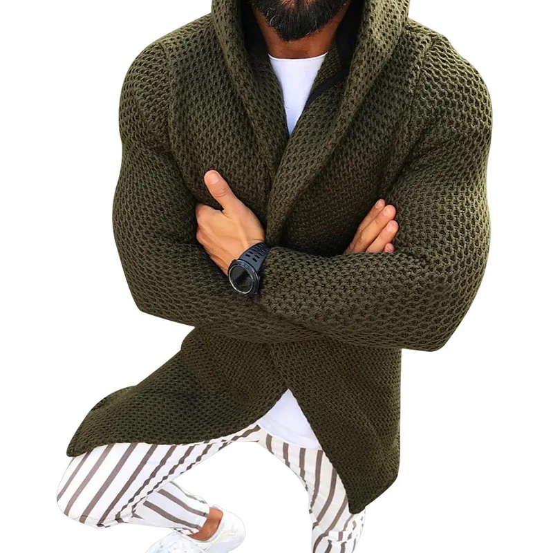

CYSINCOS Men Long Sleeve Midi Sweater Black Cardigan Mens Coat Winter Autumn Casual Solid Color Cardigan Male Pull Homme Hiver