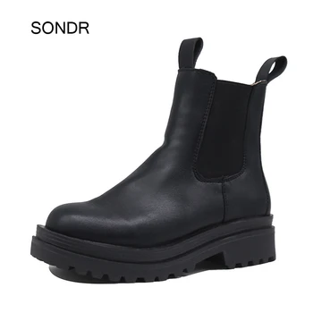 

2020 Spring New Black Chelsea Boots Shoes Women Fashion Brand Ladies chunky Shoes Ankle Boots Female botas mujer Mid Calf Boots