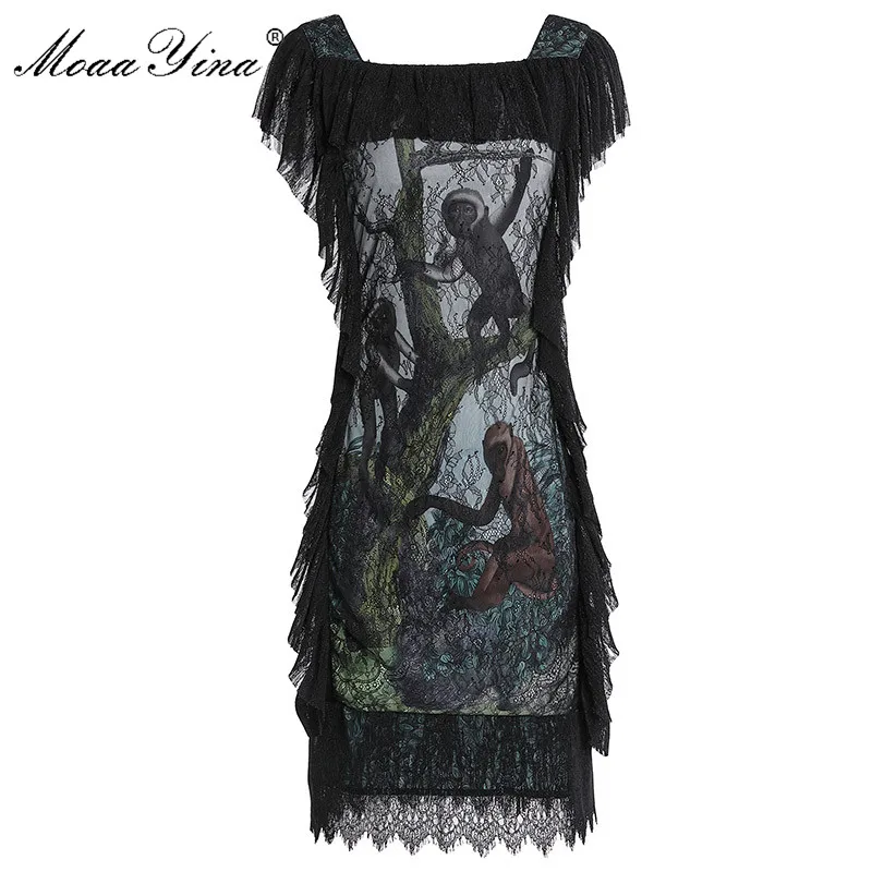 

MoaaYina Fashion Designer dress Spring Autumn Women's Dress Square Collar Monkey Print Black Sexy Lace Dresses