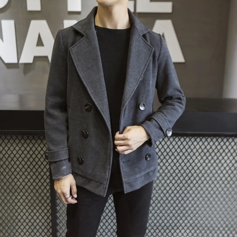 

2019 winter new men's short solid color slim casual woolen coat British wind men's fashion double-breasted slim wool windbreaker