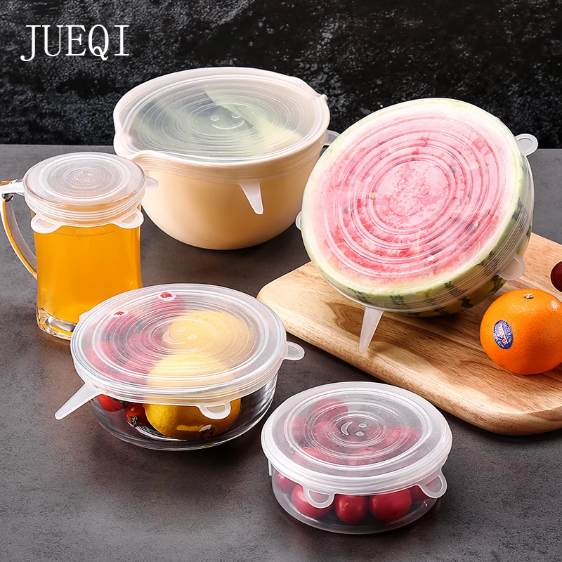 

6 Pcs Reusable Food Packaging Cover Silicon Food Fresh-Keeping Sealing Cap Vacuum Stretch Cap Packaging Kitchen Silicone Cover