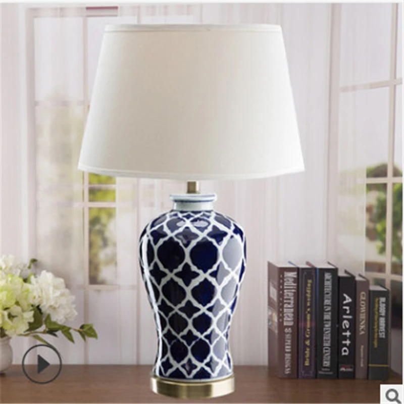 Американский Стиль ручная роспись синий Керамика настольная лампа для спальни ночники гостиная прихожая изучьте стол ночник для чтения TD026