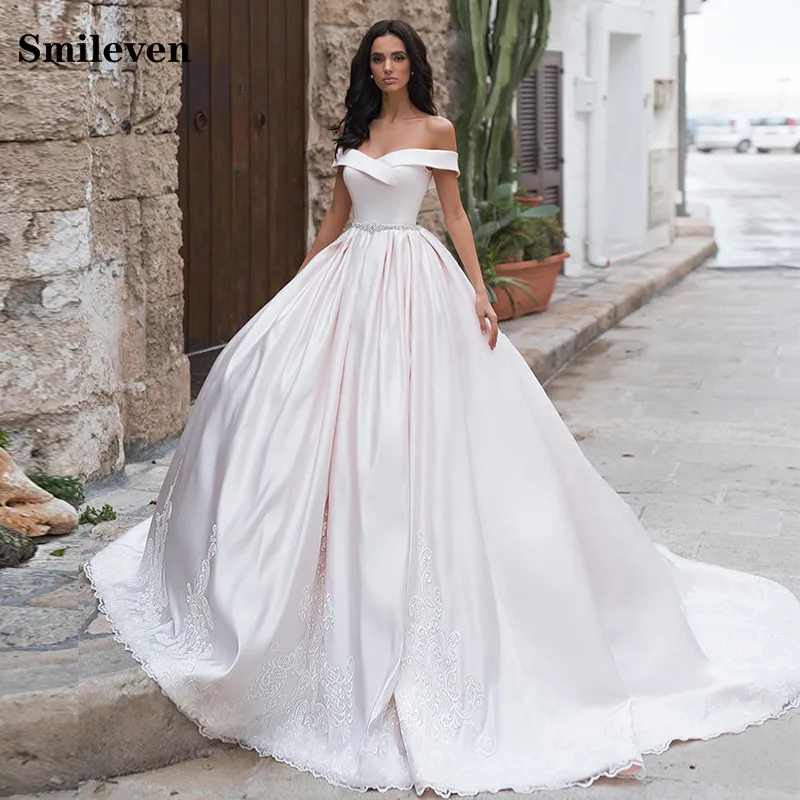 

Smileven A Line Satin Lace Wedding Dress A Line Off The Shoulder Princess Bride Dress With Crystal Robe De Mariee