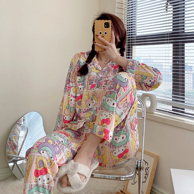 CAIYIER Winter Women Pajamas Suit Long Sleeve Trousers Lounge Lovely  Girls Cartoon Rabbit Loose Cardigan Sleepwear Homewear 2XL 1008-3