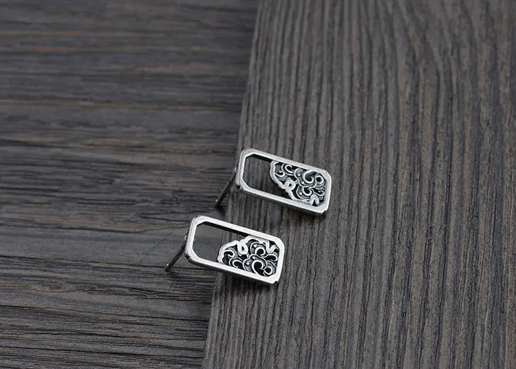 FNJ FLower Square Earrings 925 Silver Original Pure S925 Sterling Silver Stud Earring for Women Jewelry Good Luck Cloud