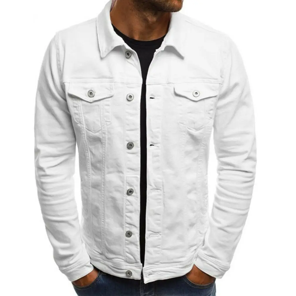 Белый Новые мужские джинсы куртка Slim Fit карманами на пуговицах куртка Для мужчин комплект для мальчиков осенний шерстяной классическое, ретро, винтажное цвет: черный, синий мыть пальто - Цвет: Белый