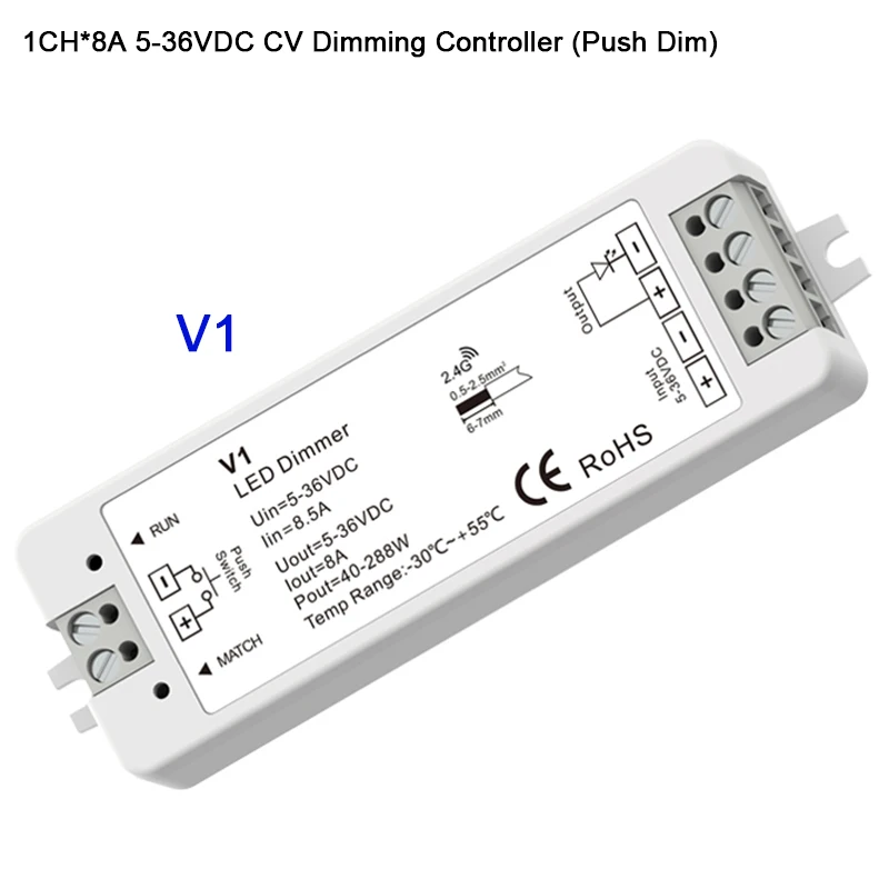 V1 DC5V 12V 24V 36V 2 4G Одиночный цвет RF Push Dim Dimming led контроллер 1CH * 8A dimmer приемник для
