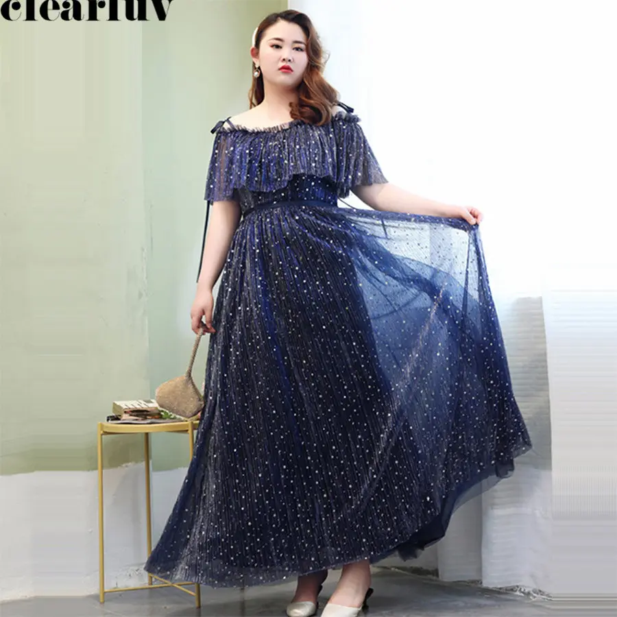 

Plus Size Evening Dress Ruffles Robe De Soiree 2019 Boat Neck Elegant Women Party Dresses Sling Short Sleeve Evening Gowns T105