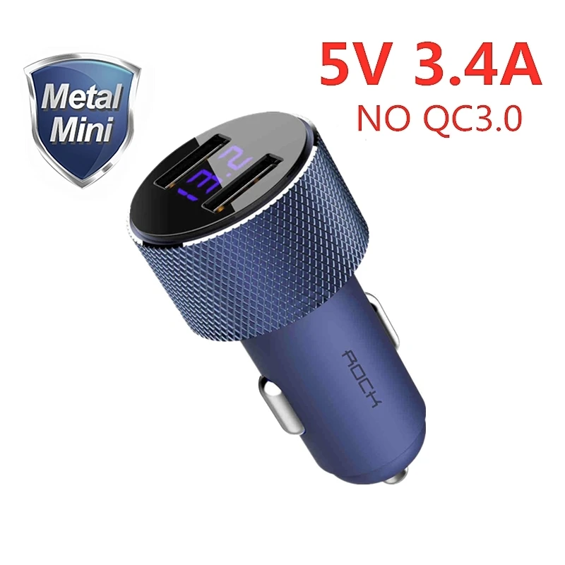 ROCK Dual USB металлическое автомобильное зарядное устройство для мобильного телефона QC 3,0 Быстрая зарядка с светодиодный дисплей для iPhone 11 Pro samsung huawei Xiaomi - Тип штекера: Blue 3.4A