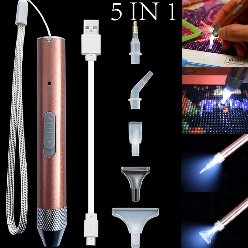 Stylo de perceuse à pointe d'éclairage LED, peinture au diamant 5D, aste par USB, accessoires de broderie, bricolage, n64.peinture, artisanat, trempé