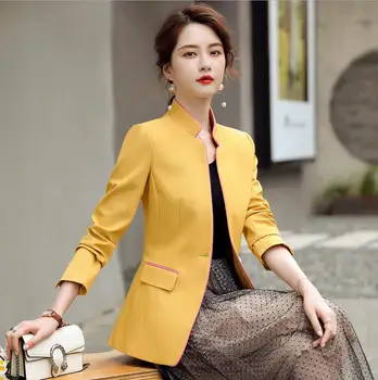 

Spring Autumn Blazer Women's Single Button Slim Stand Collar Yellow Pink Black Elegant Ladies Suit Jacket S-4XL r1451