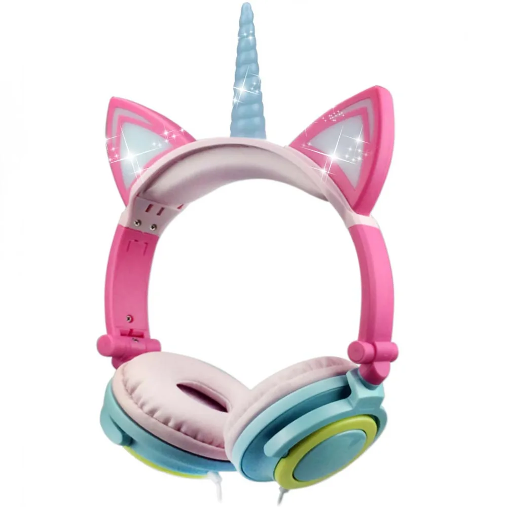Wired Foldable Flashing Unicorns Kids Headphones With LED Light Earphone For Mobile Phone PC Computer Boys Girls Gaming Headset