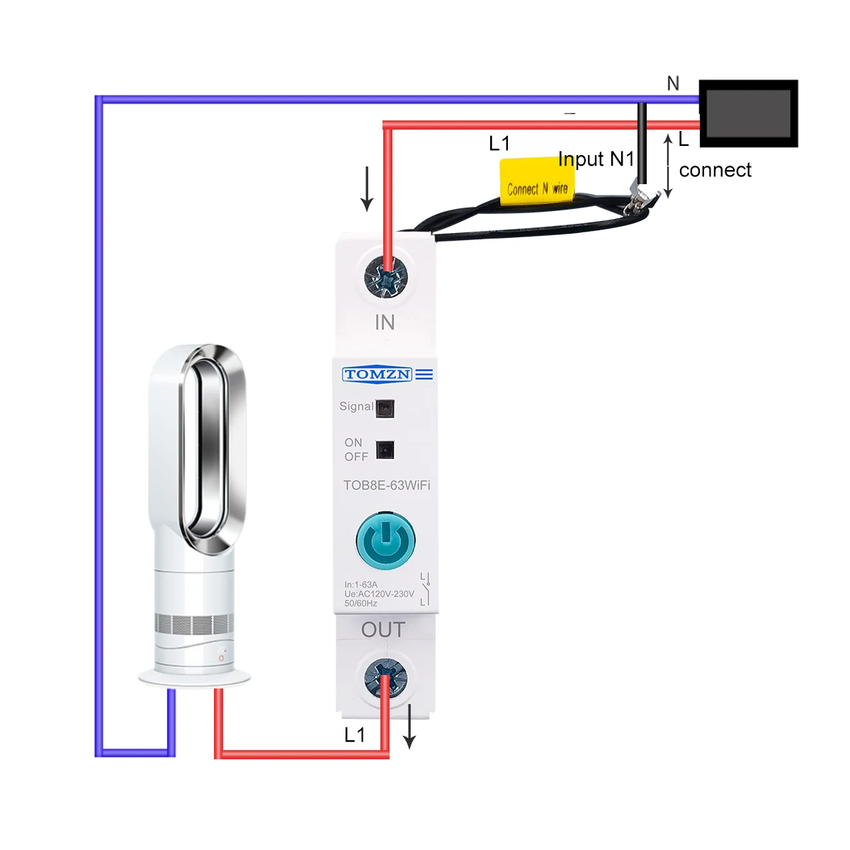 TOMZN 63A 딘 레일 WIFI 회로 차단기 스마트 스위치 Ewelink 앱으로 원격 제어 스마트 홈 18mm 63A 계량 기능 없음