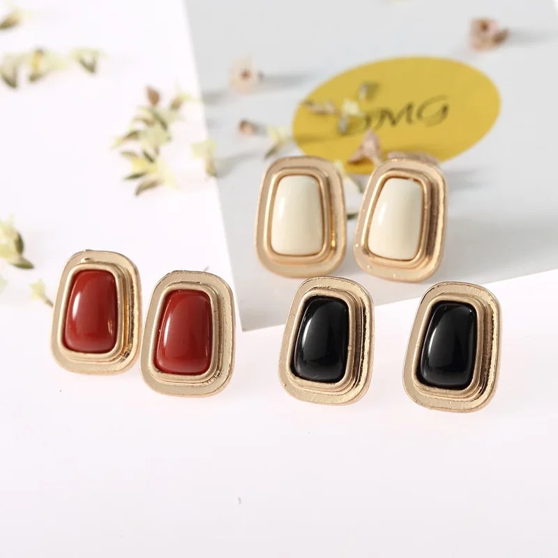 

925 Silver Japanese Korean Elegant Non-mainstream Geometric Ear Stud Anti-Allergy Retro Simple Square Resin Clip-on Women's