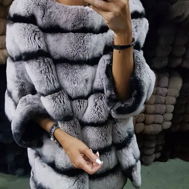 EIFURKOP Настоящий мех кролика пончо пальто куртка в полоску с рукавом летучая мышь пушистые зимние теплые Половина рукава одежда пуловер Топы