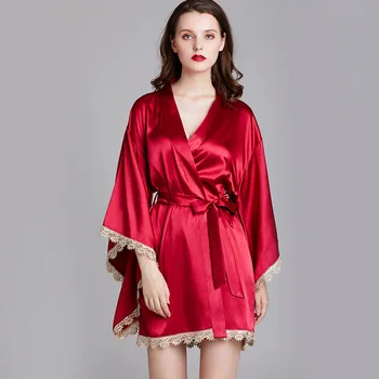 

Silky Kimono Bathrobe Gown Women Satin Nightgown Soft Intimate Lingerie Casual Sleepwear Nightwear Red Nightdress Homewear
