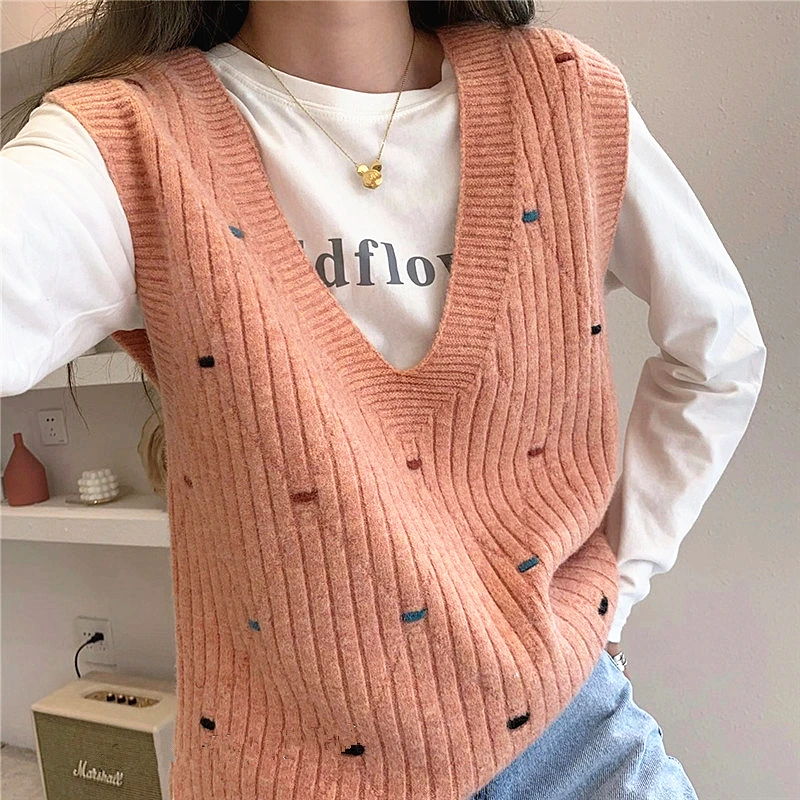 

Simple & Elegant V Neck Sweater Vest Student Autumn Winter Korean Pullovers Harajuku Kpop Dot Embroidery 100% Cotton Knit Jumper