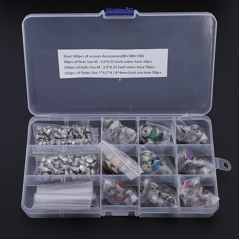 Professional 1 box 340pcs Hair Scissors Screws Nuts Bolts Metal Washers Plates Muti-sizes Scissors Repair kits accessories 2