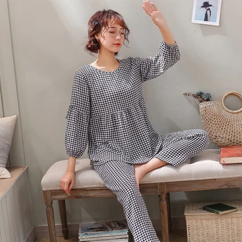 

Women's cotton pajamas Korean version of the suit black and white plaid home service net red hot selling pajamas pijama mujer