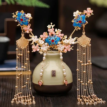 

New Classic Wedding Hair Sticks Hanfu Flowers Hair Tassel Traditional Tiaras Chinese Hair Accessories Ear Clips Jewelry Sets