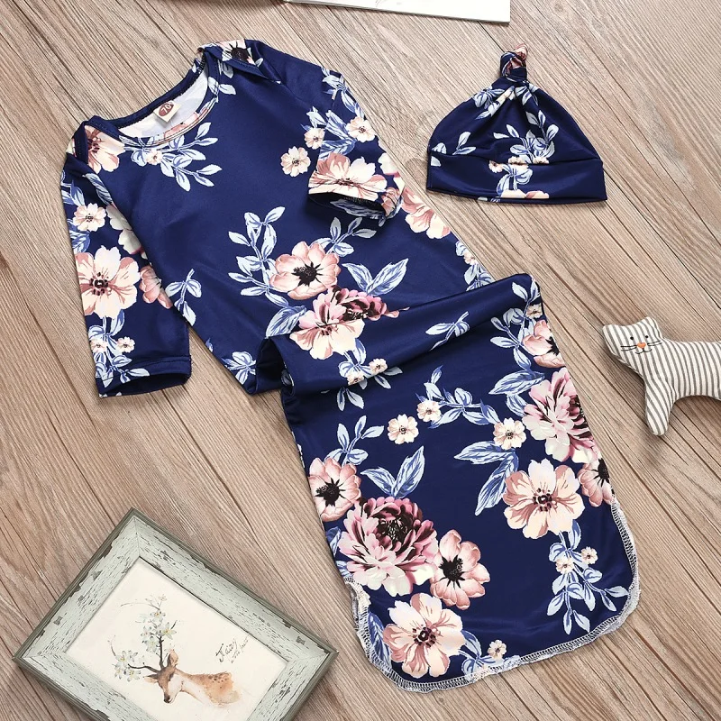 Осенне-зимние печатные ночные рубашки с цветочным рисунком для новорожденных девочек комплект из 2 предметов, халат для сна и шапочка, одежда для сна для маленьких девочек