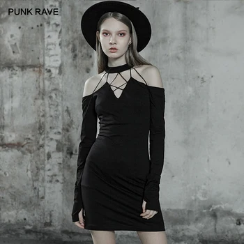 

PUNK RAVE Girl's Black Halter Dress Sexy Club Wear Tight Slim Dress Women Gothic Style Off Shoulder Sexy Dress Women Dress