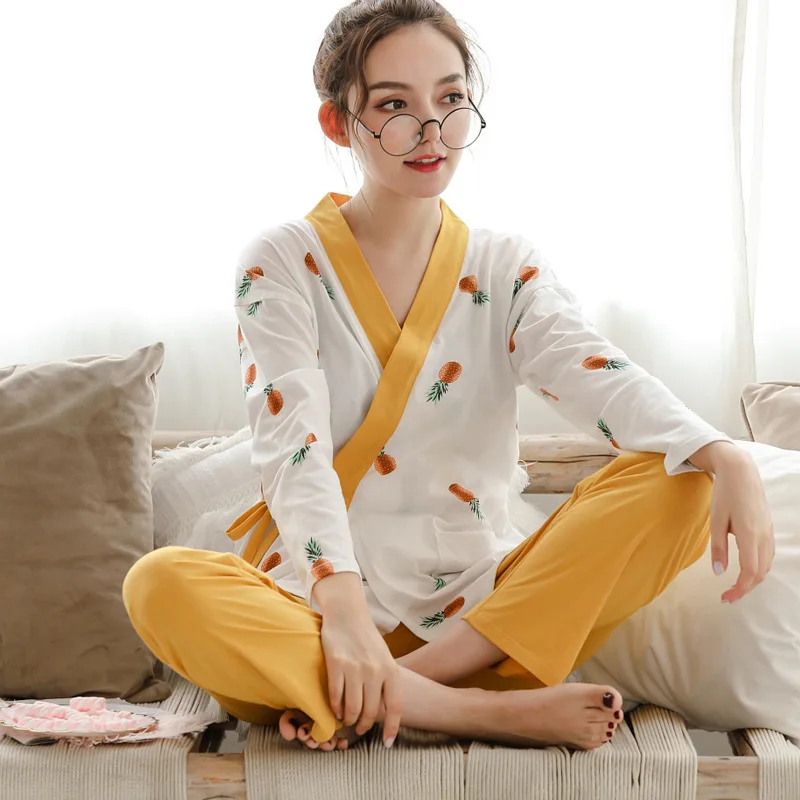 Хлопок послеродовой для беременных и кормящих женщин костюм с длинными рукавами домашняя пижама одежды весной и осенью и зимой - Цвет: pineapple