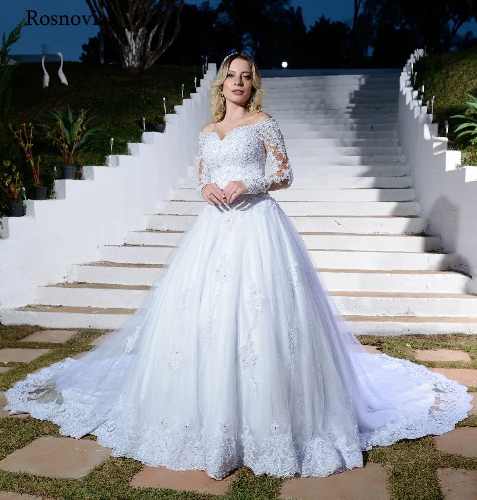 

Vintage Long Sleeves Wedding Dresses 2020 Sweetheart Off Shoulder Appliques Sweep Train A line Bridal Gowns Vestido de Noiva
