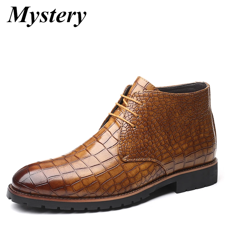 

Big Size Shoe 38-48 Fashion Pointed Toe Men Shoe Lace-up Autumn Ankle Booties Classic Crocodile Pattern Warm Leather Boots