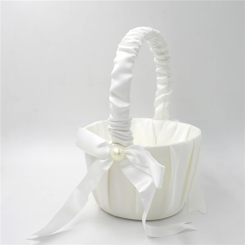 NEW Romantic Bowknot Satin Wedding Ceremony Party Rose Flower Girl Basket White 