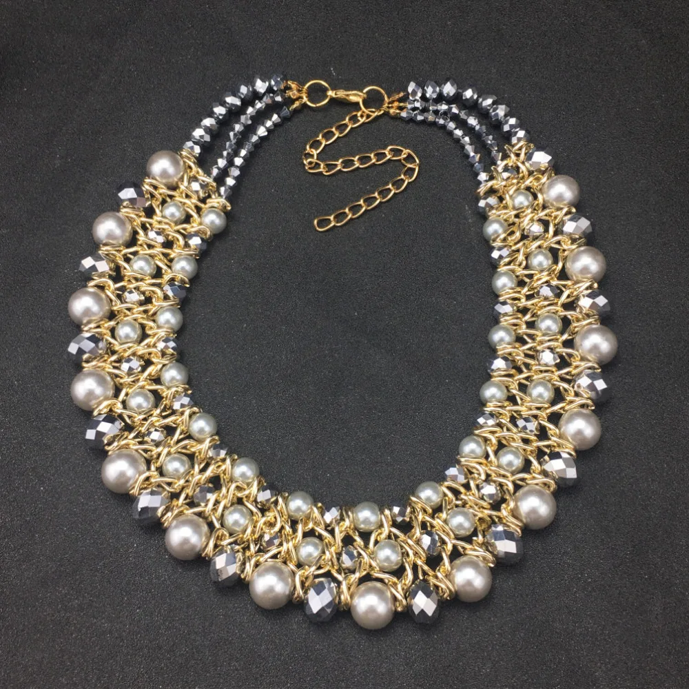 

Chic Women Chokers Wedding Jewelry Design Necklace Handmade Strip Imitation Pearl Romantic Crystal Statement Accessories