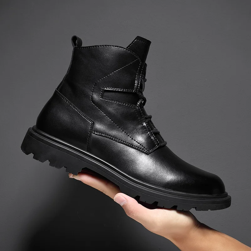 Genuine Leather Mens Shoes Boots Tactical Military Boots Mens Combat Boots High Top Lace Up Desert Worker Black Male Shoes