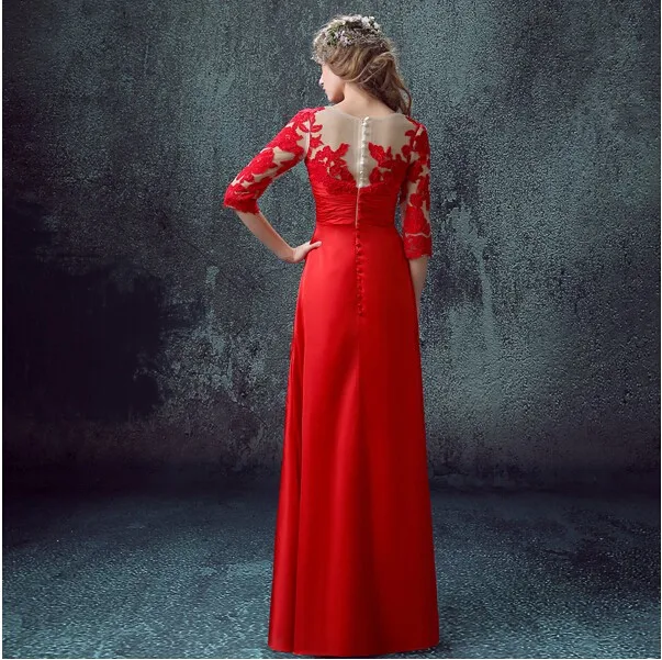 Формальные платья vestidos новые горячие сексуальные красные длинные вечерние платья выпускное платье с оборками на пуговицах Кружевные Аппликации три четверти рукава