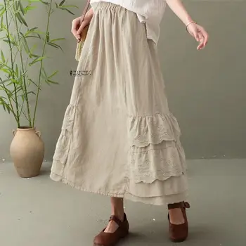 

Elegant Elastic Waist Faldas Saia ZANZEA Women Kaftan Holiday Skirts Casual Summer Lace Solid Sundress Pockets Long Maxi Robe