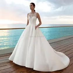 Атласное Бальное платье Свадебные платья с круглым вырезом и пуговицами Vestido de Novia Appliques роскошный халат de Mariage свадебное платье
