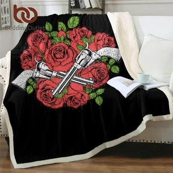 

BeddingOutlet Guns Sherpa Fleece Blanket Rose Flower Soft Fluffy Blanket Vintage Print Plush Blanket Retro Pistols Throw Blanket