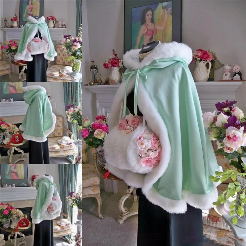 light green Длинный теплый плащ белого цвета и цвета слоновой кости, Зимний свадебный плащ для невесты, накидка из атласа+ плащ из искусственного меха, пальто, Цветочная шаль для девочки, детский плащ - Цвет: light green