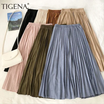 

TIGENA Suede Velvet Long Pleated Skirt Women Fashion 2019 New Korean Fashion A Line High Waist School Skirt Midi Female Pink