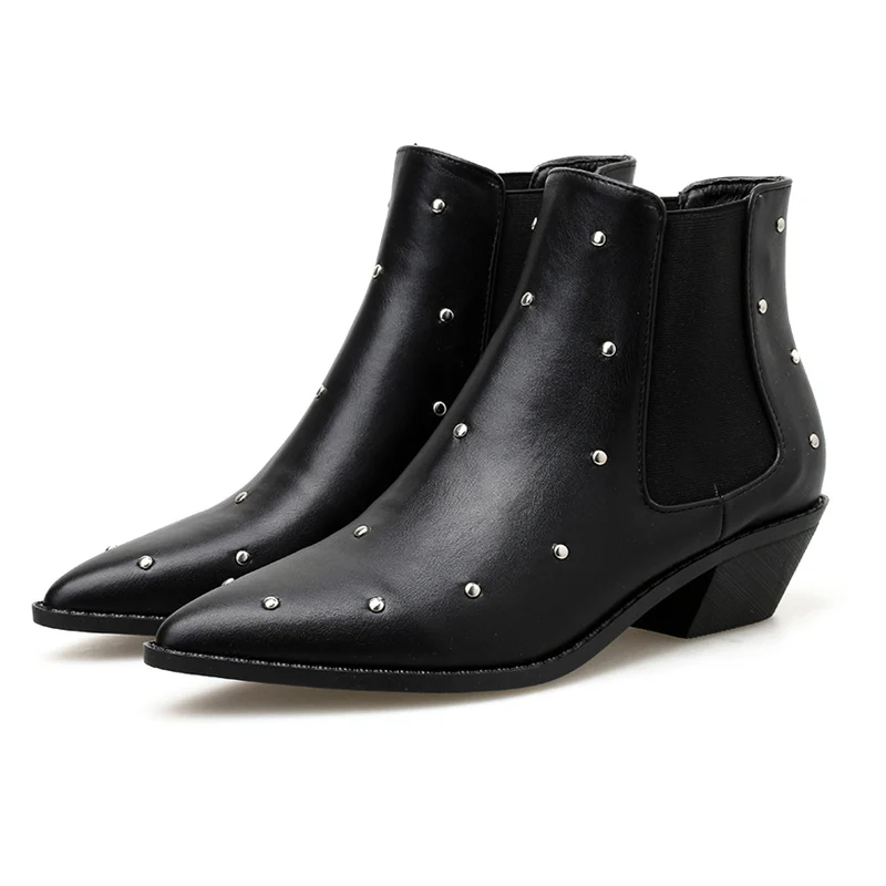 

2019 Luxury Boots Women Fetish Chelsea Boots 5cm Low Heels Pointed Toe Ankle Boots Lady Rivets Stripper Hoof High Heels Shoes