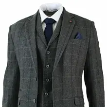 Мужские 3 предмета, классический твид, в елочку, в клетку, серый, темно-синий, приталенный, винтажный костюм, деловой пиджак, жилет, брюки, на заказ, свадебные смокинги