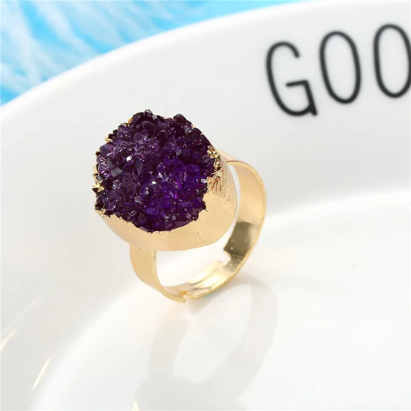 2020 New Resin Rings Geode Quartz Crystal Rings Oval Pink Blue Ring Gold Plated Rings For Women Accessories Jewelry (15)
