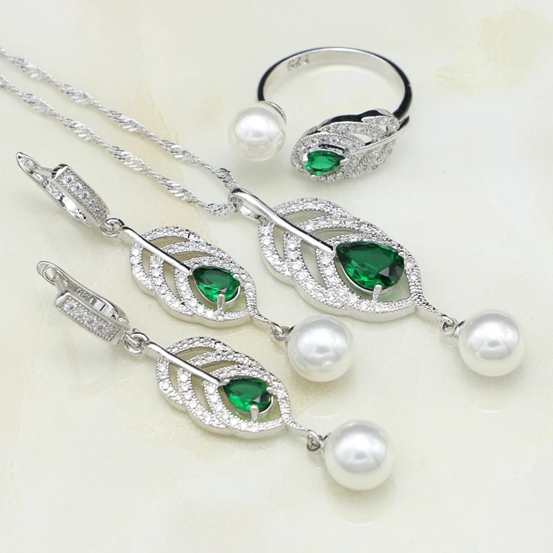 925 Silver Jewelry Sets Natural Green Cubic Zirconia White Pearl For Women Drop Earrings/Ring/Pendant/Necklace Set