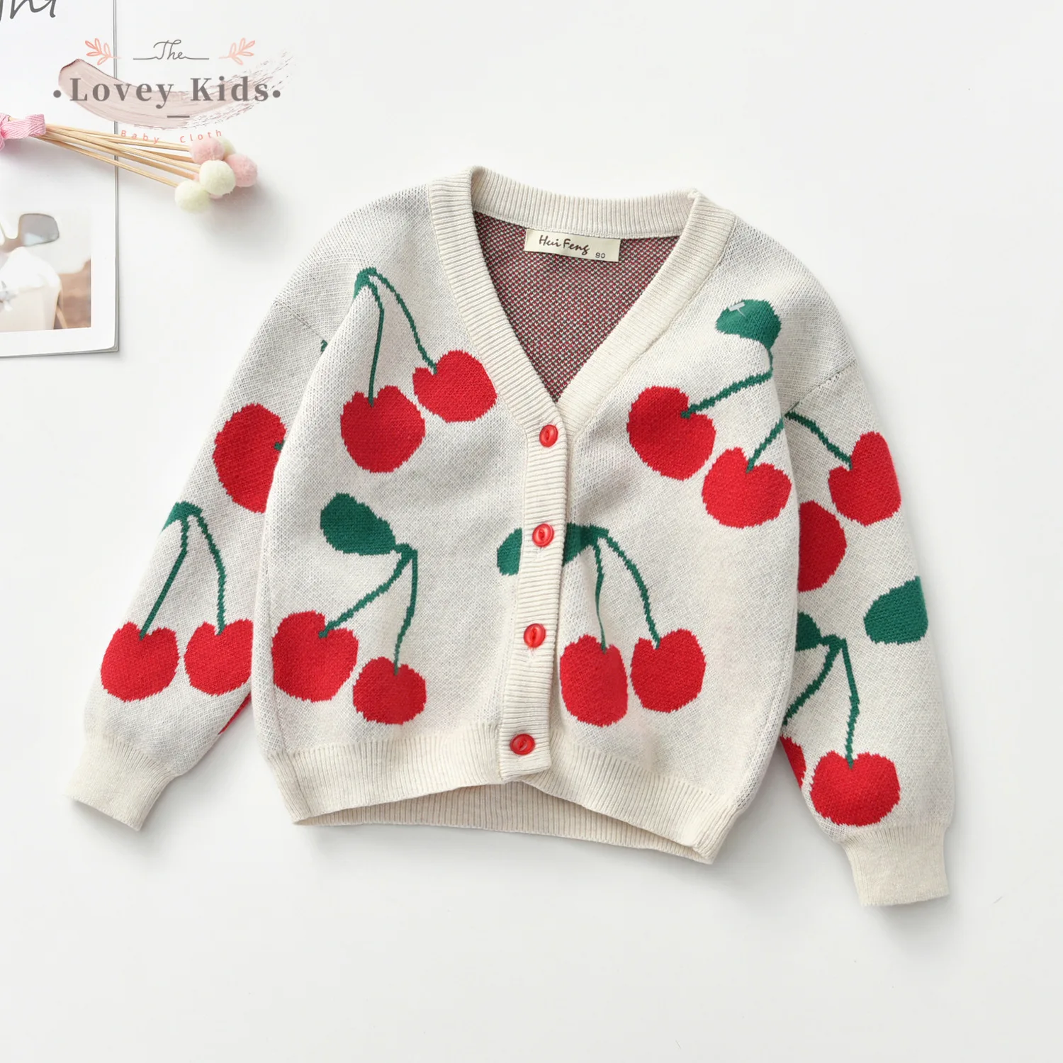 

2020 Autumn Winter Baby Girl Sweater Long Sleeve Cherry Print Cardigan Warmer V Neck Single Breasted Toddler Children Clothes