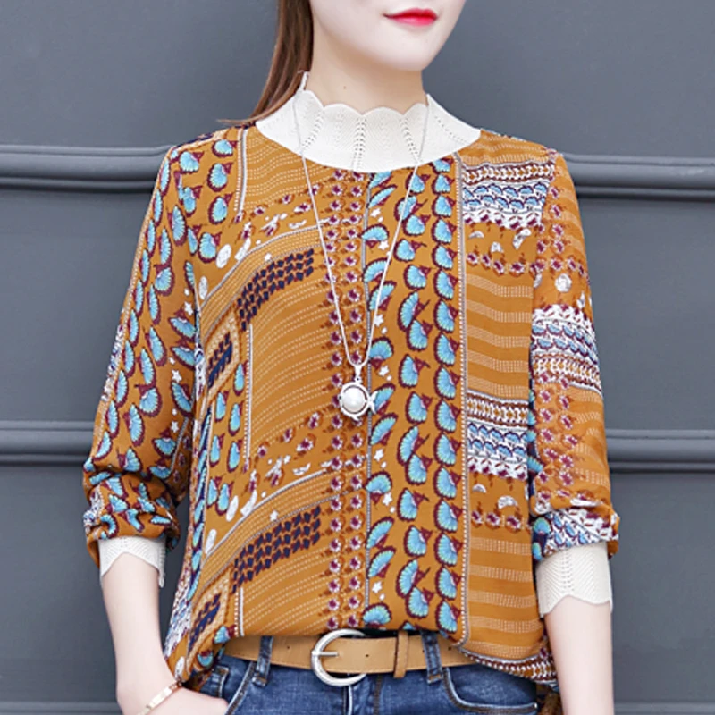 

Blusas Mujer De Moda 2019 Stand Collar Chiffon Blouse Long Sleeve Retro Print Tops Elegant Plus Size Knitting Patchwork Shirts