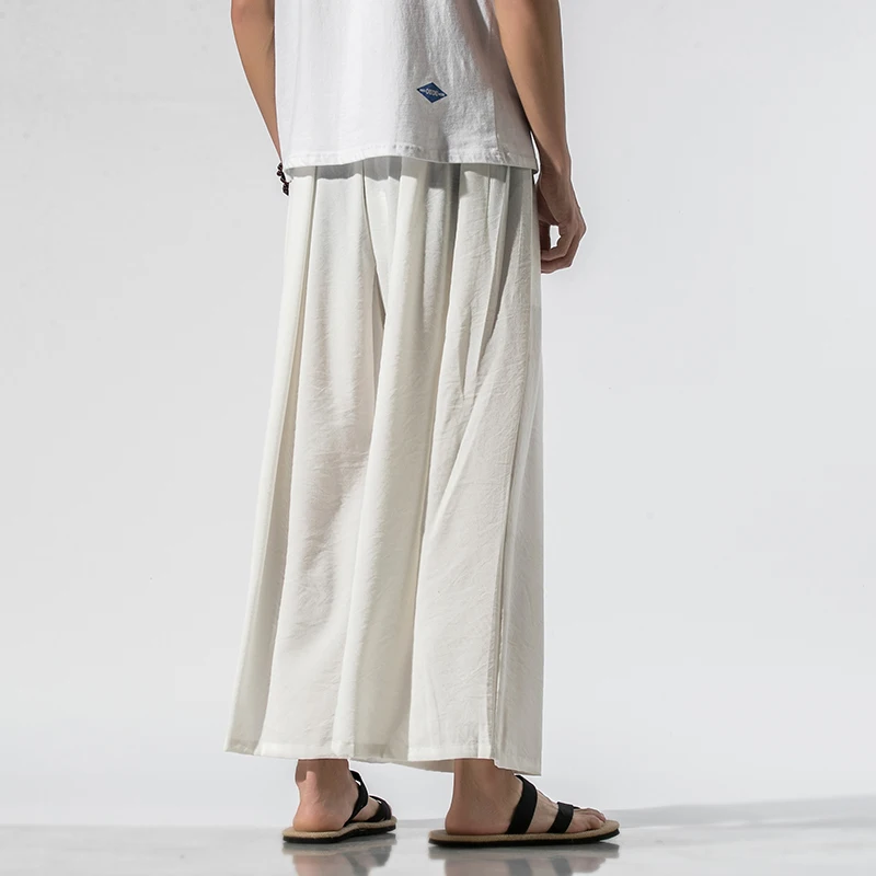 Men Linen Baggy Pants Mens Chinese Style Draped Solid Cotton Pants Man Traditional Wide Leg Male Hip Hop Trousers